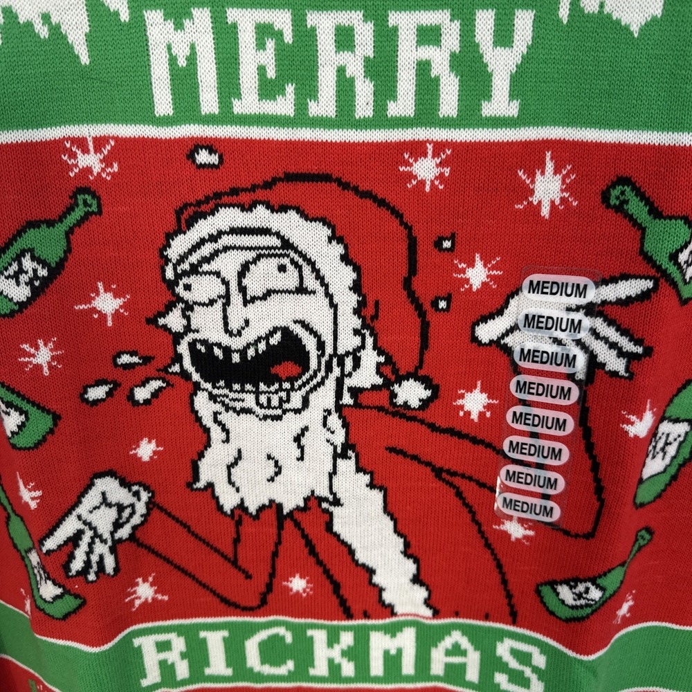 Rick & Morty Christmas Sweater Mens MEDIUM Red Green Merry Rickmas Holiday Ugly - Picture 2 of 12
